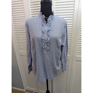 TALBOTS Shirt Womens L Blue Multi Polka Dot Henley Neckline Cotton Ruffle Blouse